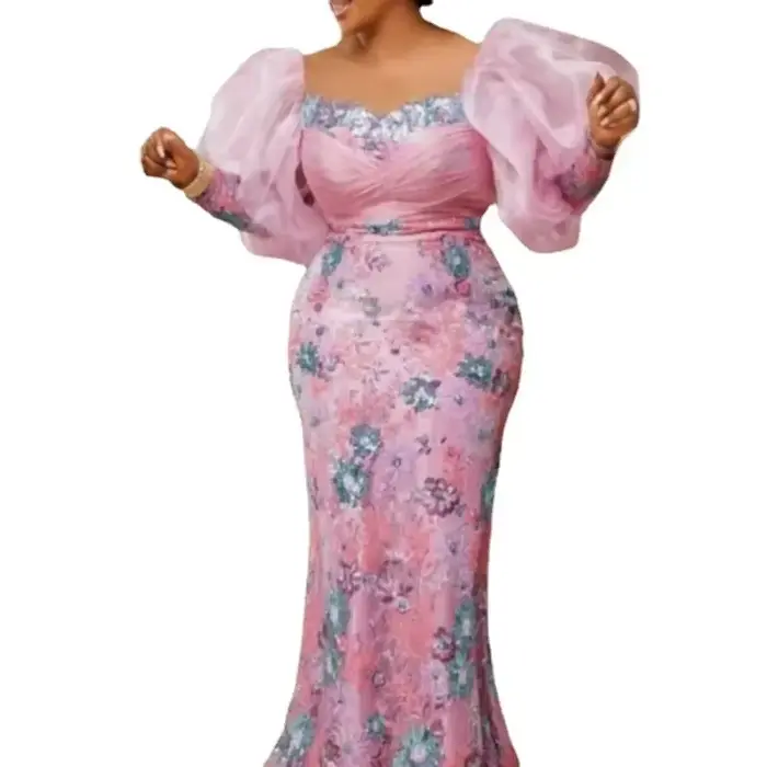 Robe de Soirée Africaine Rose à Manches sulfpour Femme