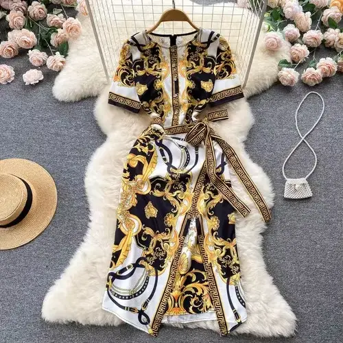 Ropa Mujer-Robe d'Été Imprimée pour Femme, Col Rond, Manches sulf, Taille en Dentelle, Slim, Haut de
