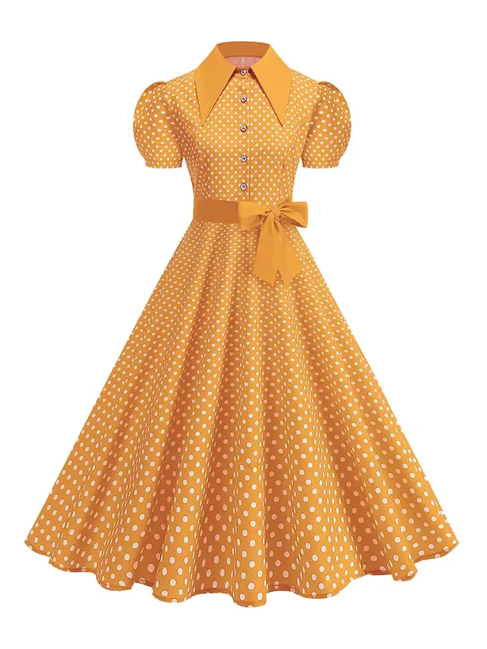 Robe à pois élégante avec ceinture à nœud pour femmes, coupe régulière, longueur mi-longue, imprimé rétro tendance, printemps/été