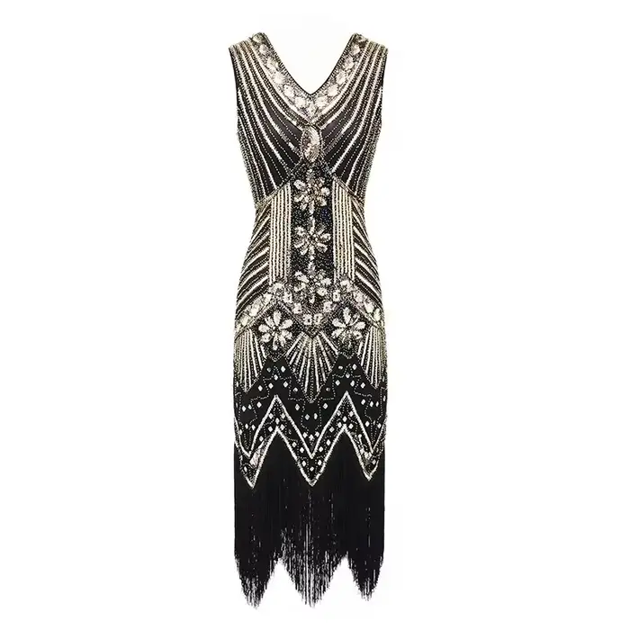 Robe à clapet vintage des années 1920 en polyester pour femmes grande taille, grande danse, soirée de bal, charleston, pompon et paillettes