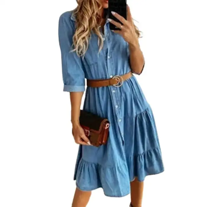 Robe en jean manches trois quarts avec ceinture col rabattu printemps automne boutons à volants robes