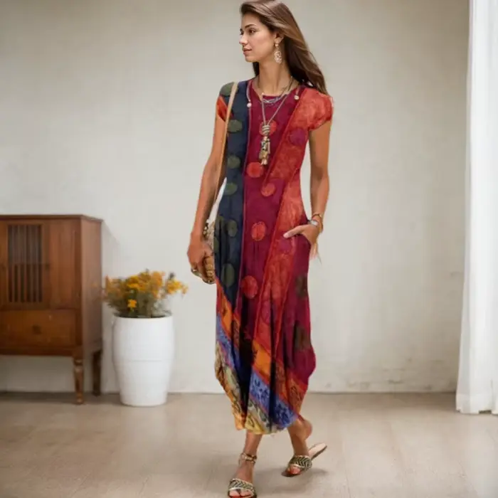 Robe mi-longue à imprimé floral vintage pour femmes, pull à manches courtes, robes longues avec poches, robe d'été de plage bohème, col rond, occassions spéciales, cadeau pour femme