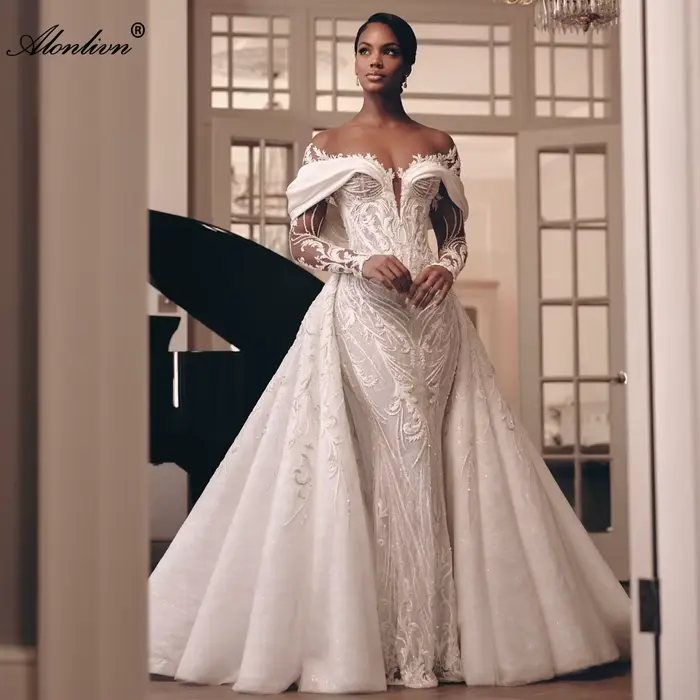 Alonlivn sur mesure luxe dentelle 2 en 1 robe de mariée sirène perles broderie Illusion cou trompette robes