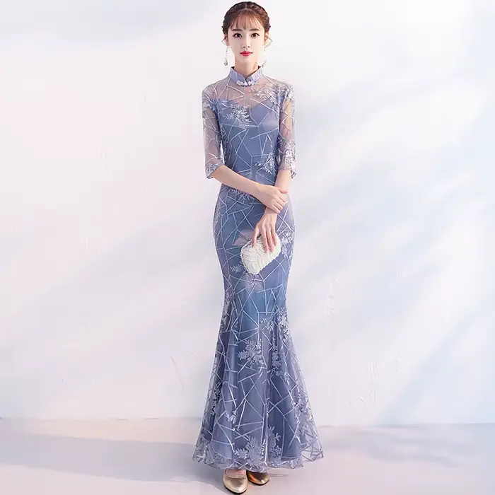 Robe sirène grise à col Mandarin pour femmes, Slim, élégante, Cheongsam, boutons Vintage, robes de p