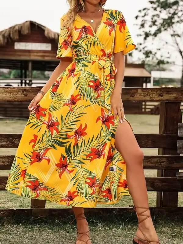 Nouvelle Robe Style Preppy Mousseline Polyester Taille Asymétrique Col en V Fleur Manches Papillon Occasions Spéciales