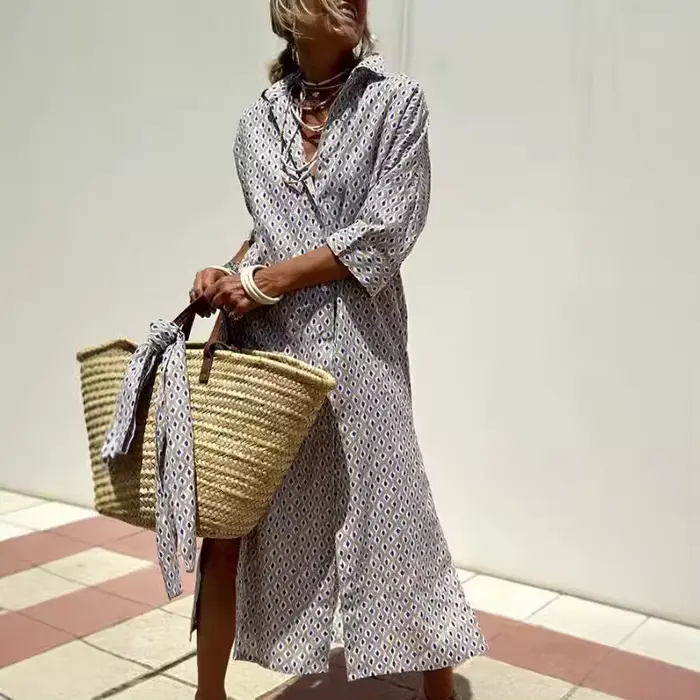 Robe longue d'été pour femme imprimée col en V décontractée polyester lin mi-mollets trois quarts occassions spéciales femmes
