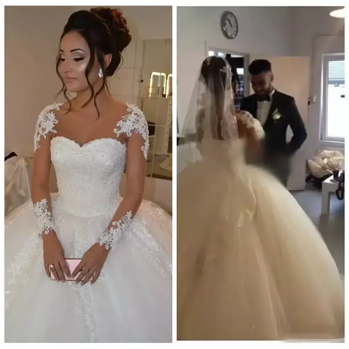 Robe de mariée blanche/ivoire 2026, robe de bal illusion, appliques en dentelle, robe de mariée élégante, robe de princesse à manches longues, robes de mariée de luxe