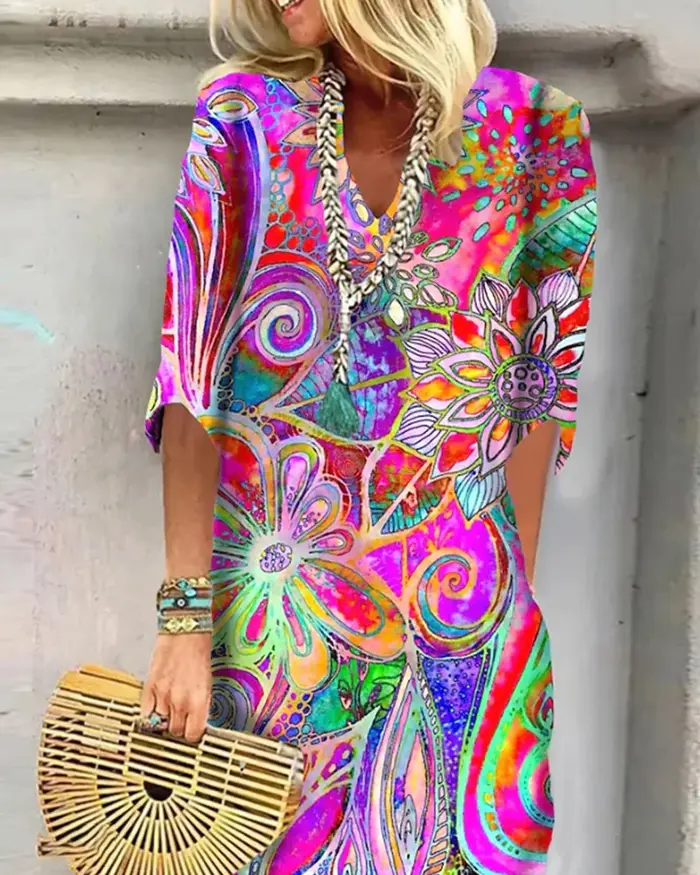 Vintage Robe imprimée dame mode à manches courtes col en V robes amples pour les femmes décontracté Boho vacances