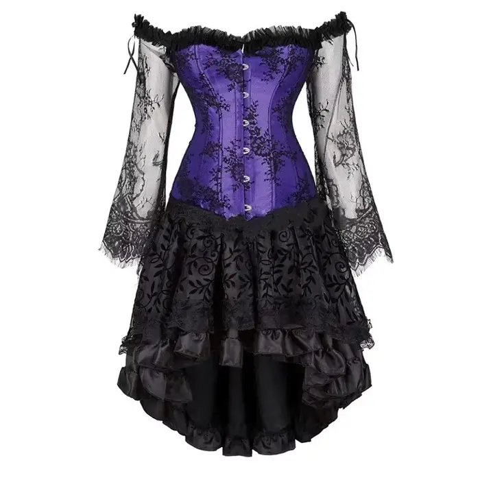 Robe Corset Gothique Florale à Manches Longues et Épaules Dénudées