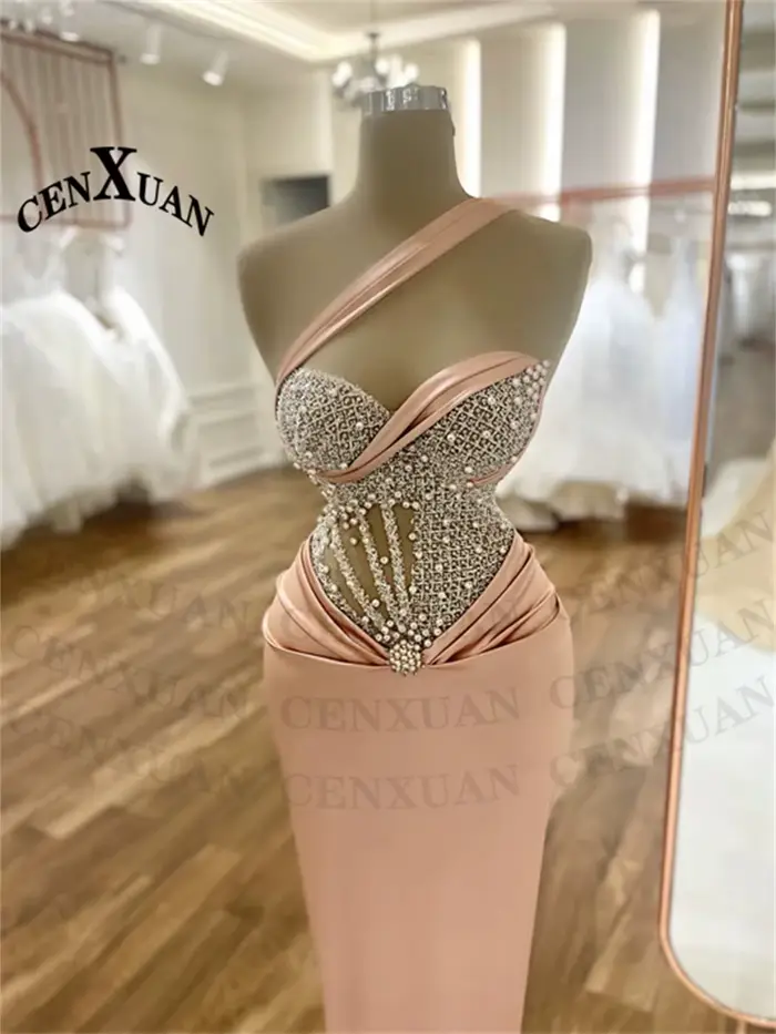 CENXUAN glamour sirène Robes De soirée 2025 femme avec perles une épaule longueur De plancher plissé