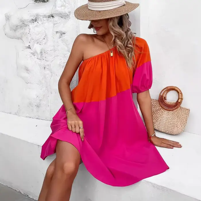 Robe midi décontractée et confortable à manches courtes et blocs de couleur