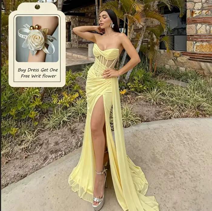 Robe de soirée sirène en mousseline de soie jaune