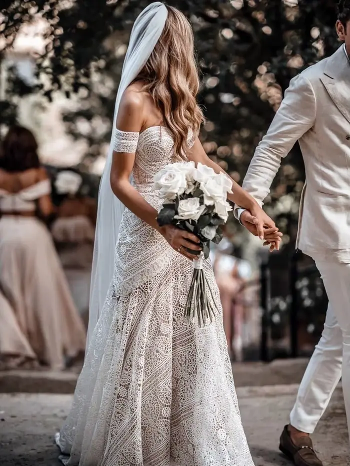 SWEMILE Robes de mariée sirène en dentelle bohème avec manches amovibles