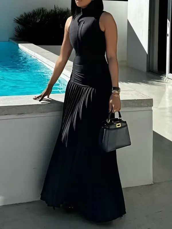 Yeezzi robe noire pour femmes 2025 nouvel été sans manches mode fendu-Joint col haut plissé moulante