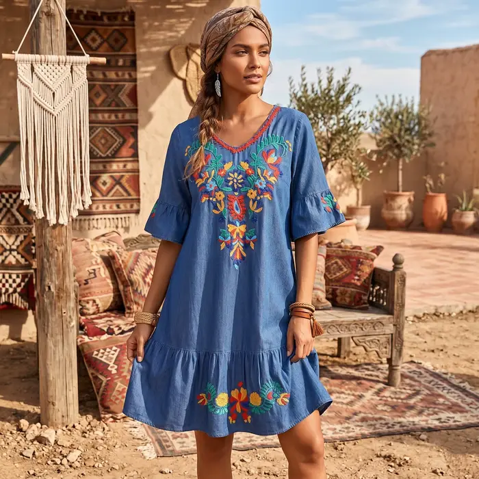 Robe en denim à manches courtes et col en V avec broderie florale pour femmes style bohème chic et vintage occasions estivales et spéciales