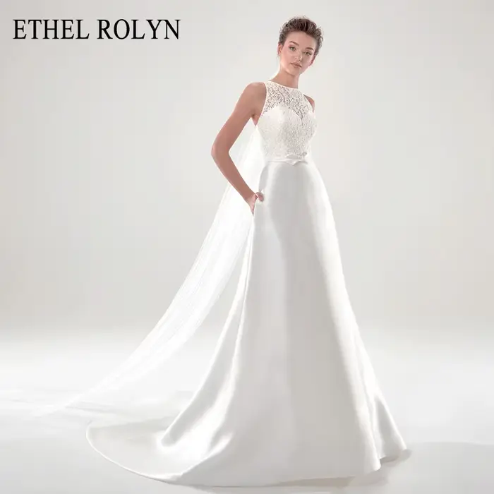 ETHEL ROCircN-Robe de mariée en satin, ligne A, élégante, en dentelle, col rond, dos nu, nœud papill