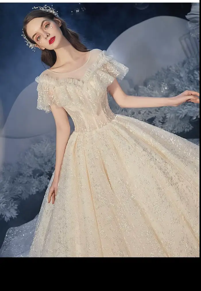 Robe de mariée à épaules dénudées avec queue de ciel étoilé en coton voile dentelle organza pour femmes grandes occasions spéciales