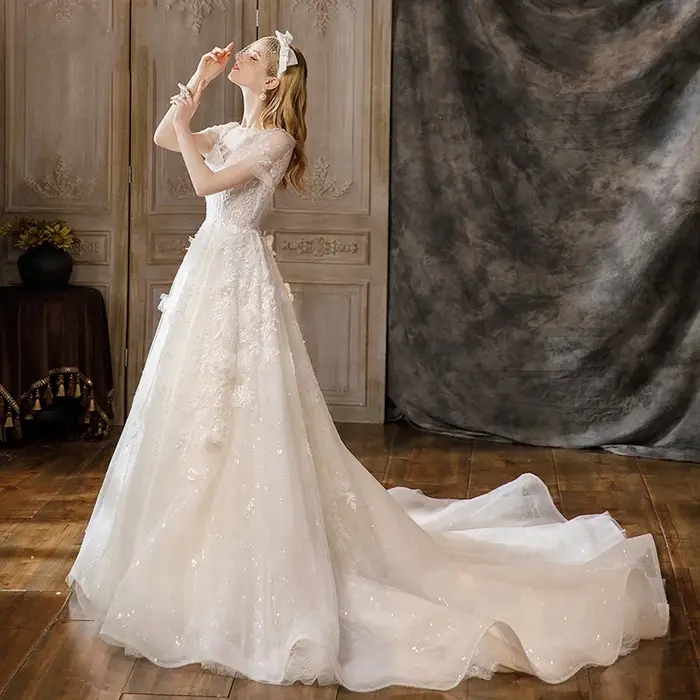Robe de mariée princesse élégante en dentelle et mousseline avec train de balayage pour femmes occasions spéciales
