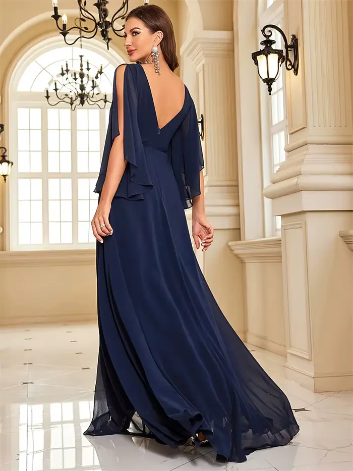 Robe de soirée Lucyinlove en mousseline de soie luxuriante bleu marine à fente haute et dos en V pour femmes, occasions formelles et soirées spéciales