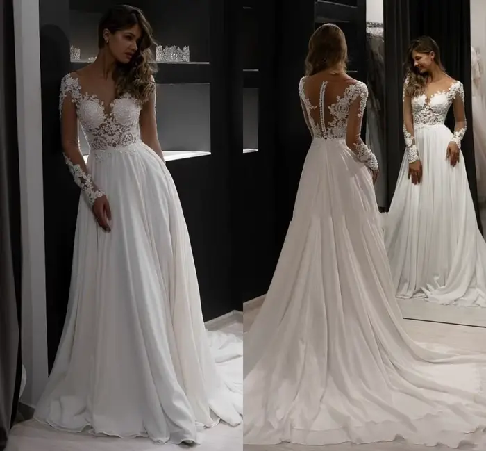 Robe de mariée en dentelle à manches longues, nouvelle mariée, demoiselle d'honneur, Simple, col en 