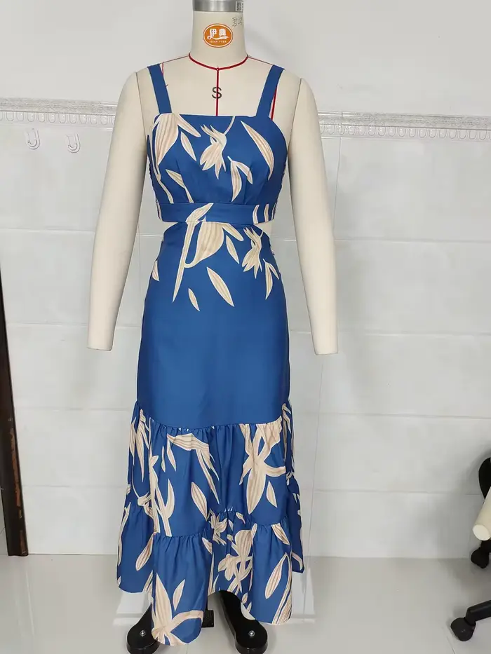 Robe midi bohème à imprimé feuilles bleues, col carré, ourlet à volants, robe fluide, pour les vacan