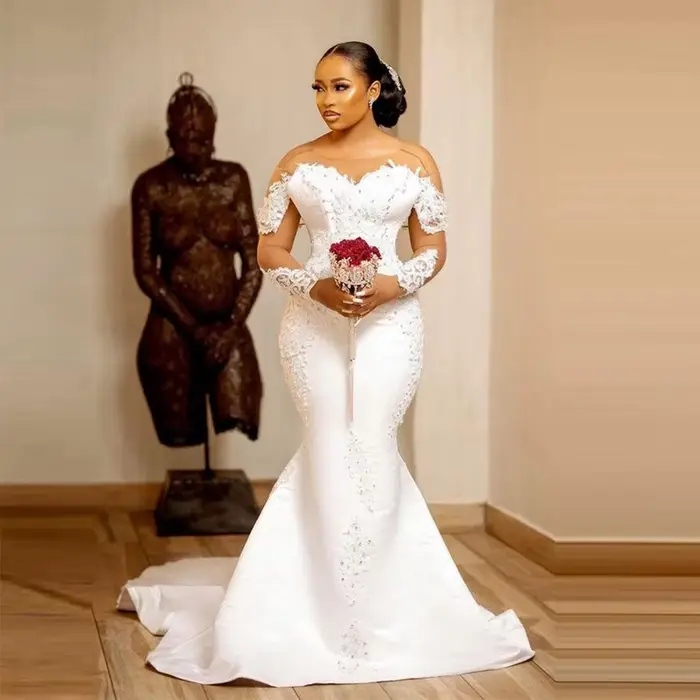 Robes de mariée sirène avec illusion de col transparent, manches longues, robes de mariée en dentell