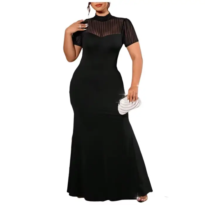 Robe de soirée en maille grande taille pour femme, col montant, manches courtes, transparente, coupe