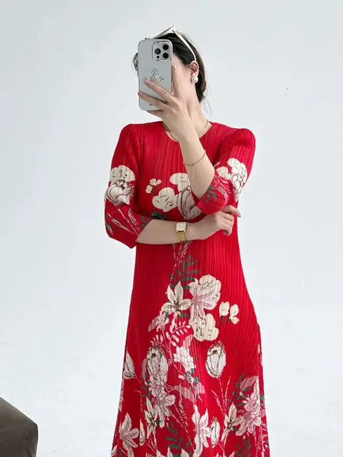 Robe LANMREM en polyester imprimée vintage col rond pour femmes occasions spéciales printemps été
