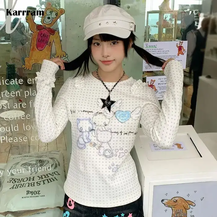 Karrram japonais Y2k Anime imprimé tricoté hauts 2000s esthétique à manches longues T-shirt Cutecore à pois côtelé