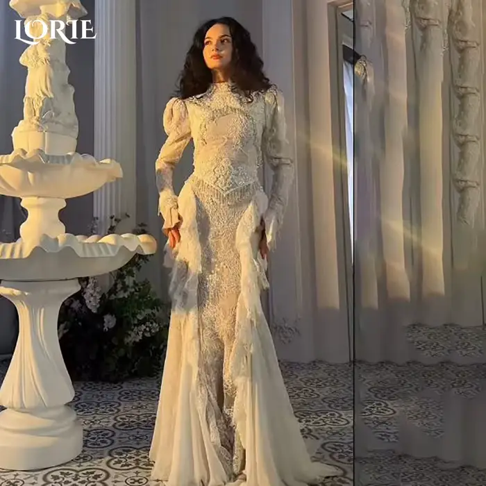 LORIE – robe de mariée sirène en dentelle pour femmes, manches longues, col haut, robe de mariée sir
