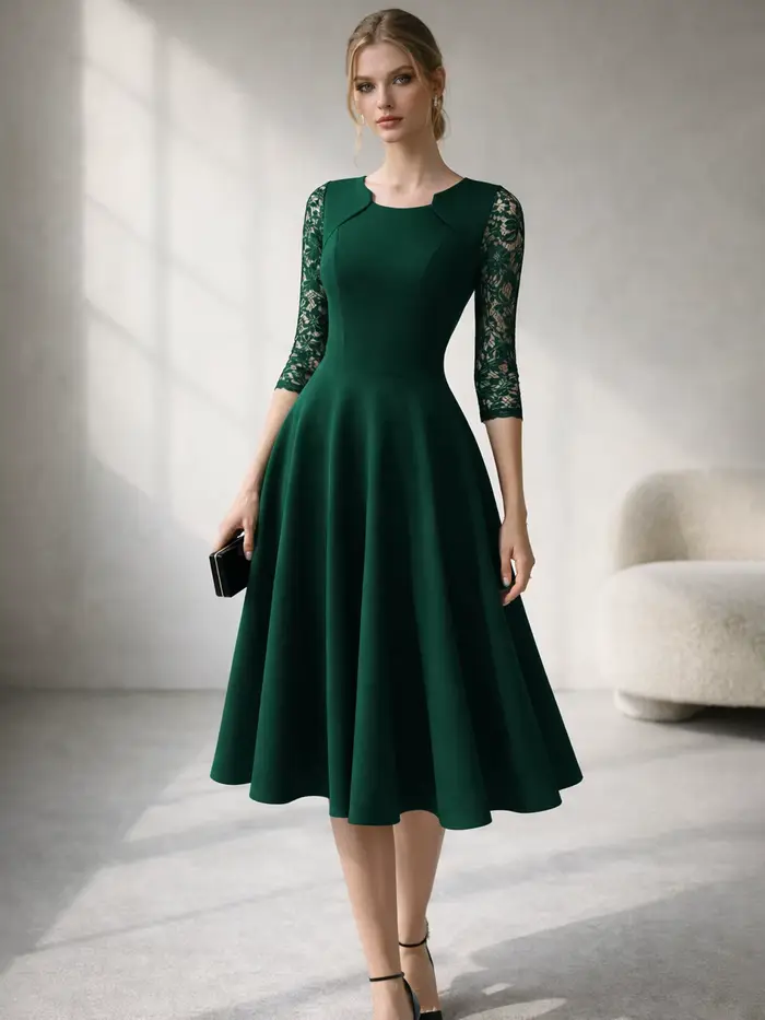 Robe de soirée vintage pour femme en dentelle florale, col carré, jupe évasée taille haute, manches 