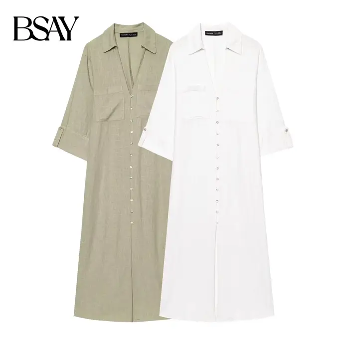 Robe BSAY en polyester pour femmes, style bureau, col rabattu, boutonnage simple, longueur cheville, pour soirées et occasions spéciales