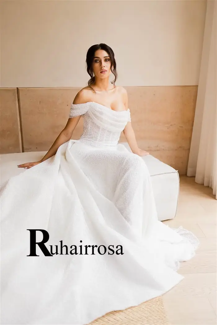 Ruhair Robe De mariée Vintage pour mariée hors De l'épaule encolure dégagée fermeture éclair détachable Train Robe De soirée De Mariage personnalisé