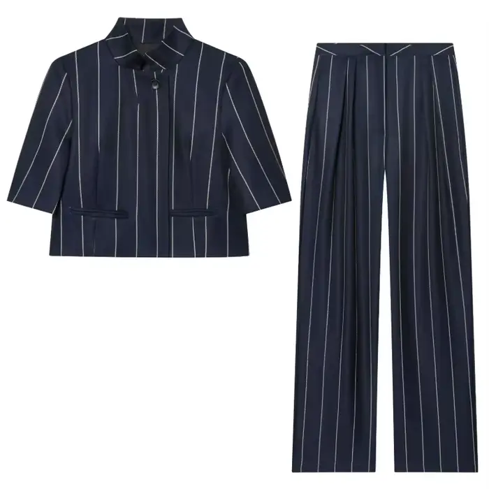 Costume chic pour femmes en 2 pièces, rayé, blazer à manches courtes, pantalon large à taille haute,