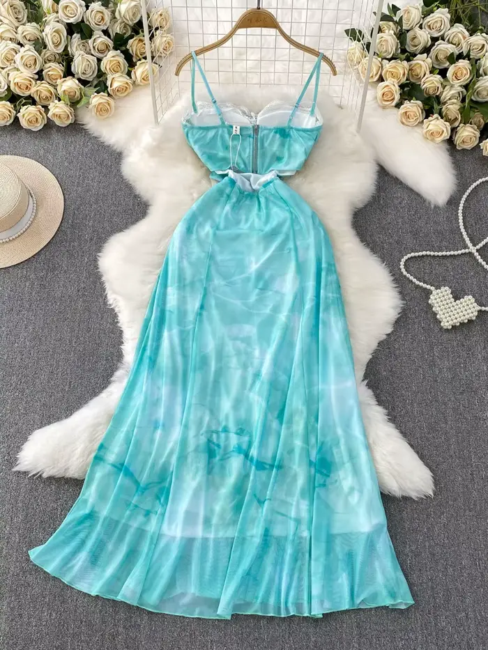 Foamlina lac bleu plage vacances robe femmes été magnifique Sexy dentelle licou cravate taille fée Maxi longues robes
