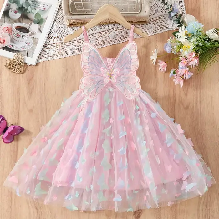 Mode filles mignon papillon ruban robe 2025 été nouveaux enfants ailes maille