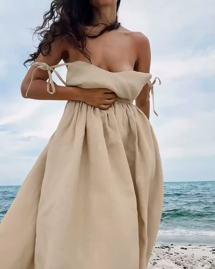 Robe longue à bretelles en coton et lin français, taille haute, Style vacances, printemps et été, 20