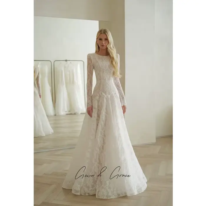 Gwn & Gce 2026 robes de mariée sirène en dentelle française élégante manches longues longueur au sol