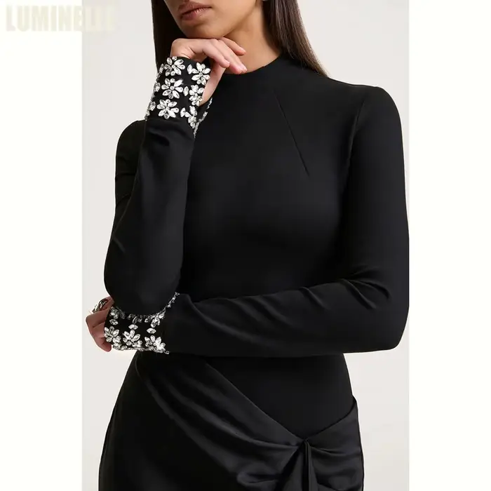 Robe de bal noire à col montant pour femmes, style sirène, perles et cristal, soirée de gala, cérémonies formelles, luxe 2026