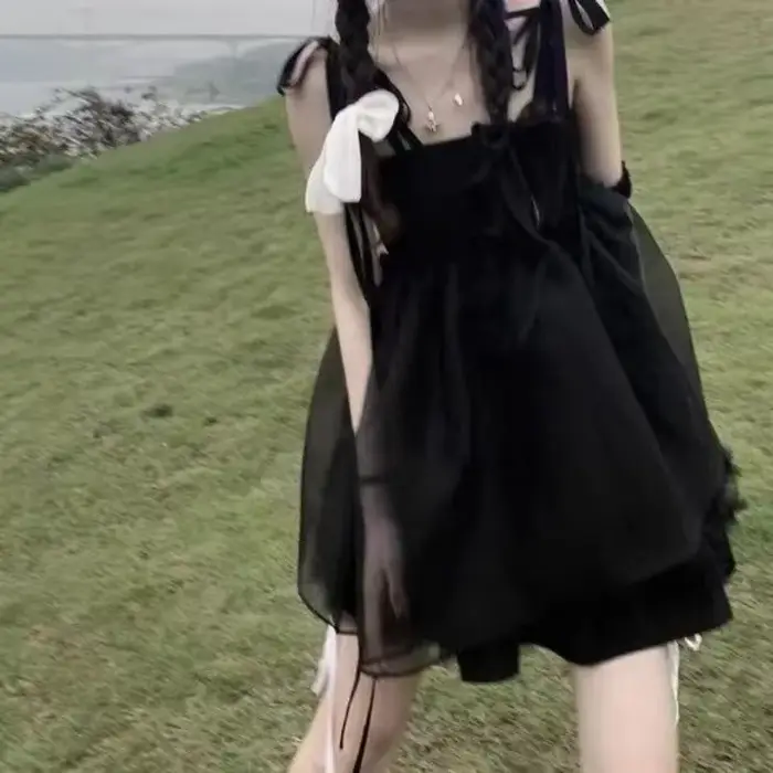 Robe Mini Femme Noire Harajuku Taille Haute Ample à Bretelles 2026