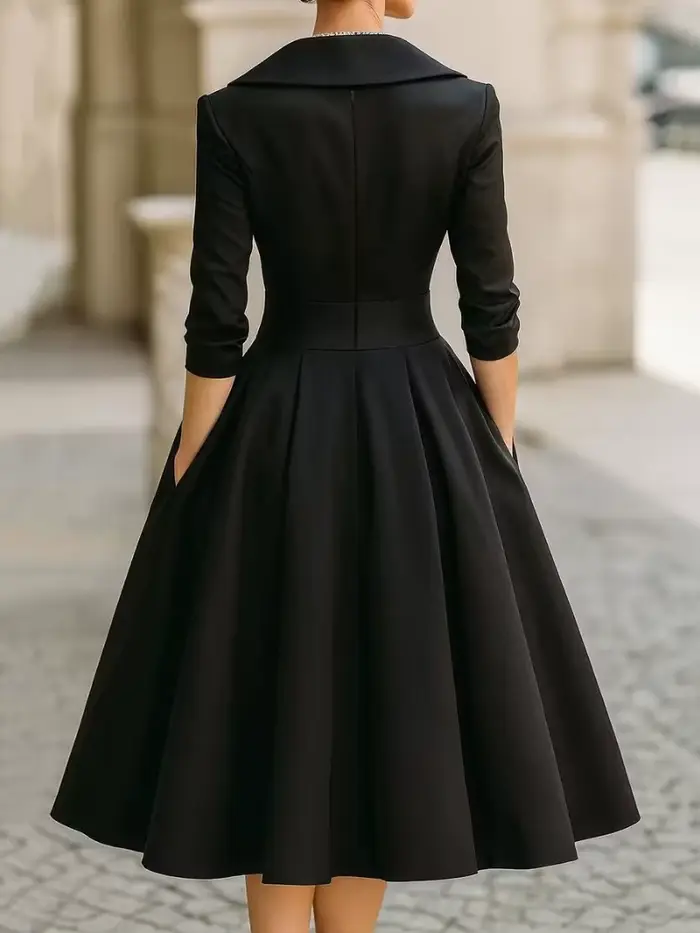 Robe midi élégante pour femme avec col à volants et poches tenue de soirée chic automne polyester couleur beige bleu marine bourgogne fuchsia noir taille S M L' XL XXL