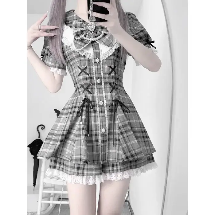 Robe chemise rétro grise à carreaux pour femme