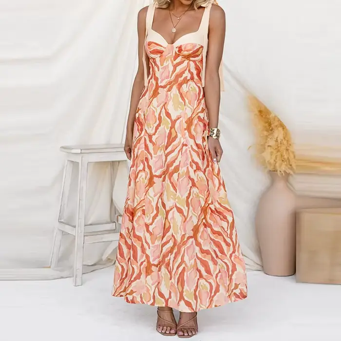 Robe bohème sans manches dos nu, sexy, col bas, épaules dénudées, taille haute, pour banquet, imprim