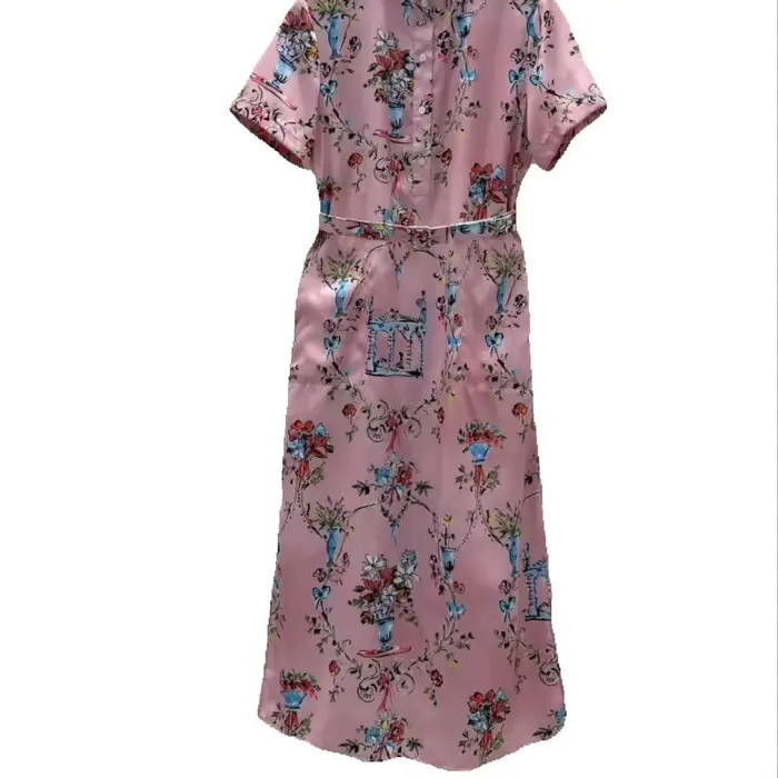 Nouvelle Robe d'été élégante rose à imprimé floral, col montant, manches courtes, taille ajustée, ju