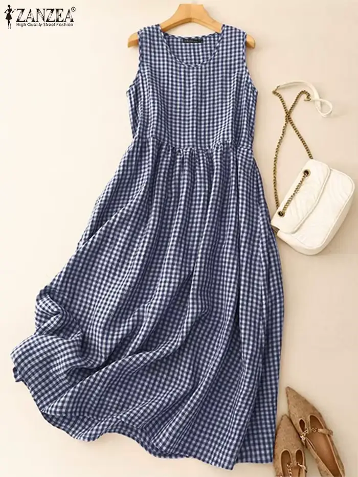 Robe mi-longue à carreaux vintage pour femmes, style bohème, été, polyester et coton, occasions spéciales, famille, vacances, mariage