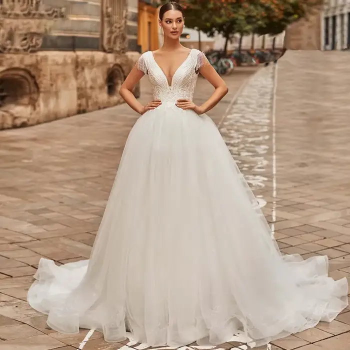 Robe De mariée à paillettes en Organza avec broderie, robe De bal, ligne a, sans manches, col en v, 