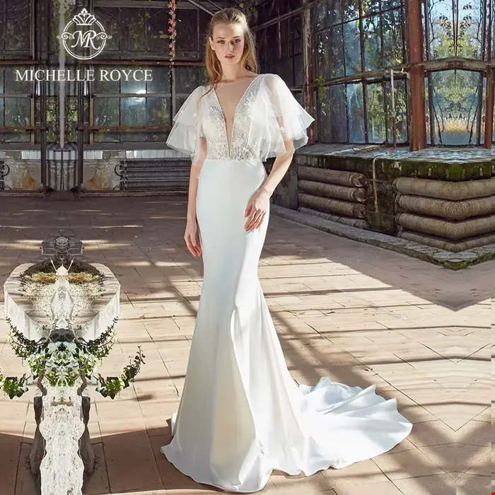 Michelle Royce sirène robes De mariée élégant Sexy col en v profond Illusion manches évasées dos nu 