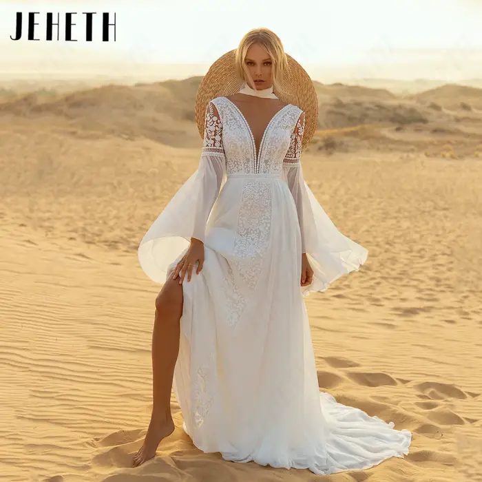 JEHETH Chiffon Scoop Princesse Robes de mariée complètes Flare manches A-Line Modeste Pinceau Train Robe
