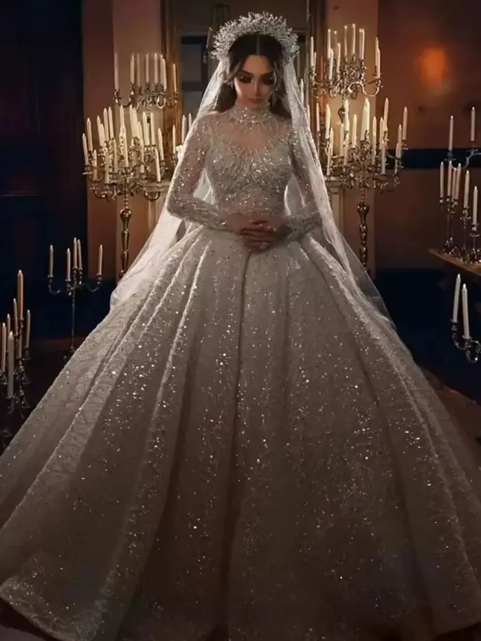 Robes De mariée élégantes personnalisées princesse manches pailletées col haut Tulle Appliques dentelle