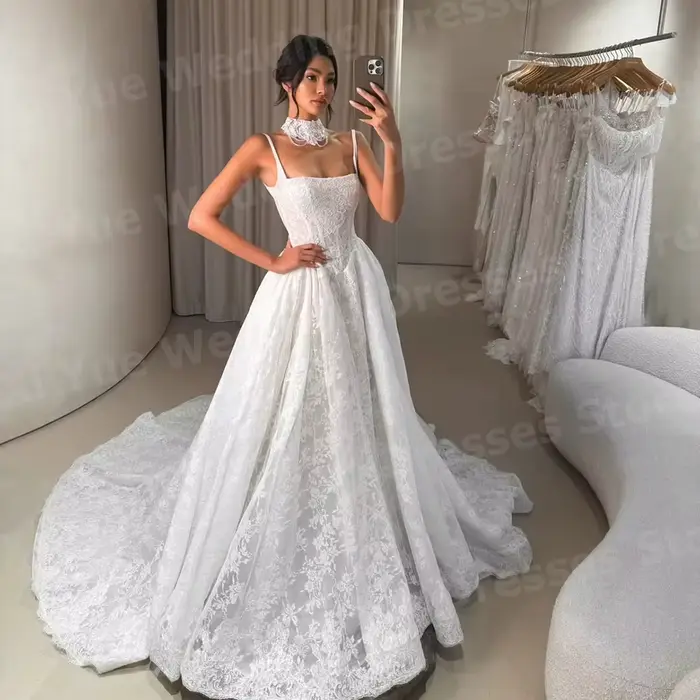 Robe de mariée élégante en dentelle style A, bretelles spaghetti sans manches pour femmes occasions spéciales